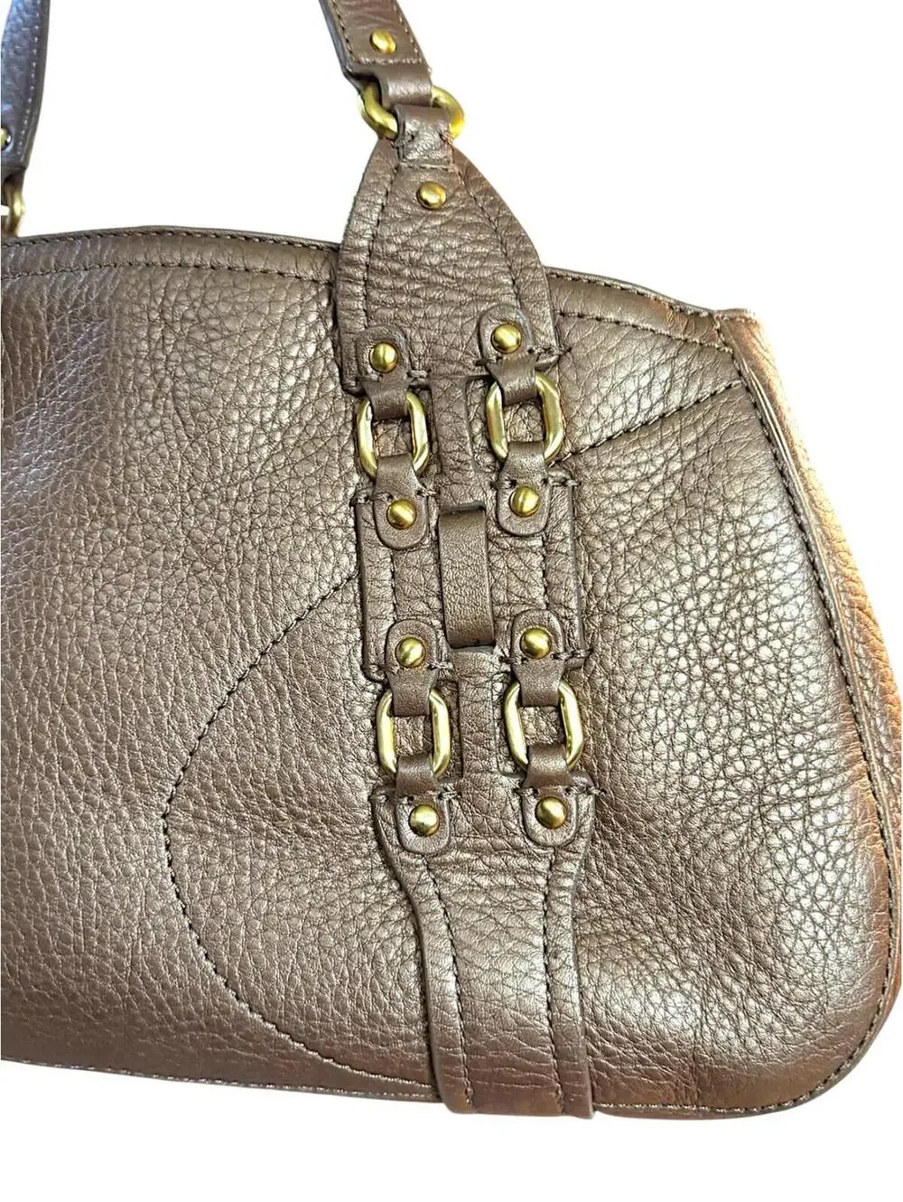 Cole Haan Metallic Bronze Leather Handbag with Gold Tone Hardware